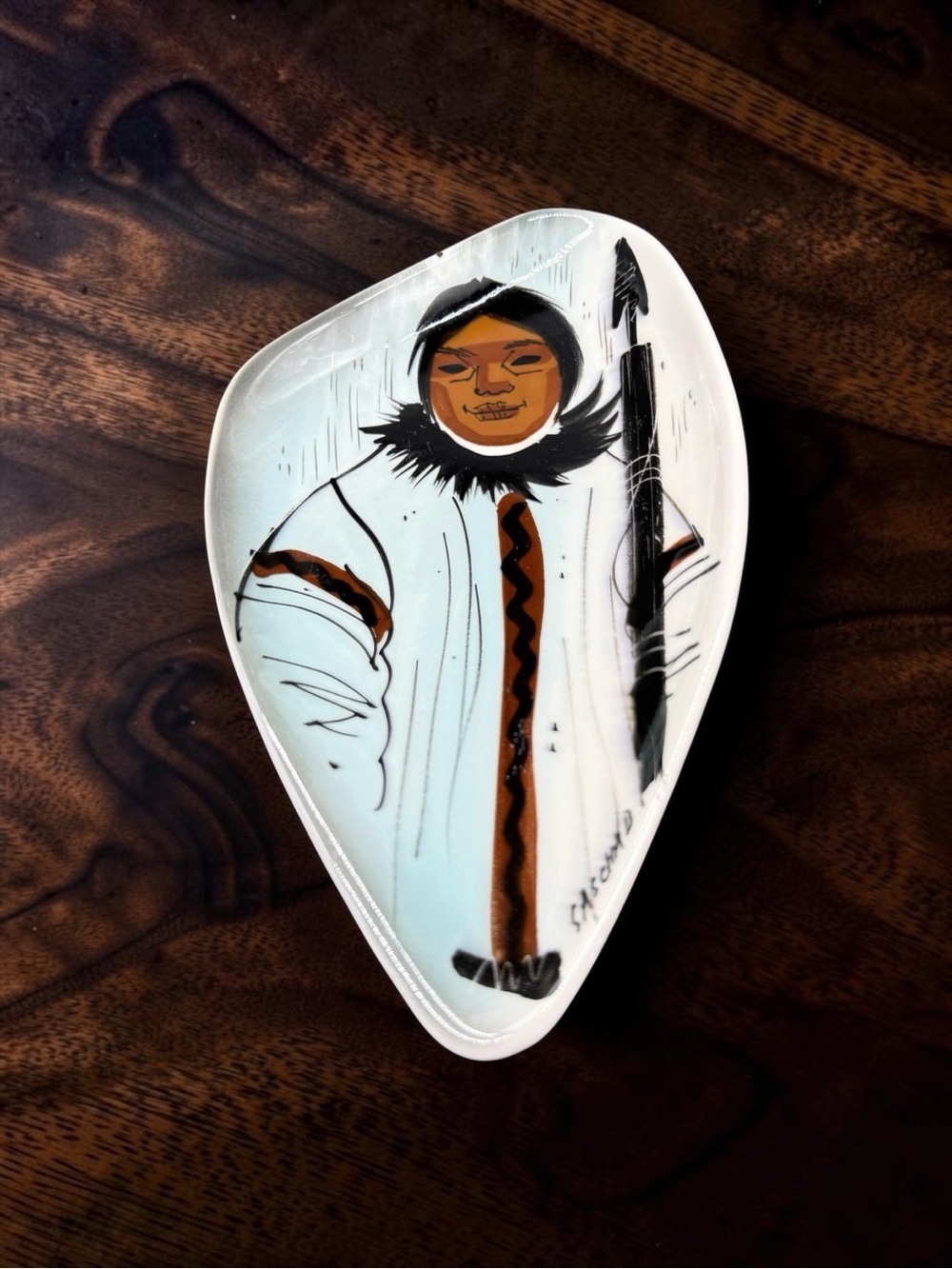 Sascha Brastoff Alaskan Inuit Series Art Pottery Trinket Dish Tray MCM Signed